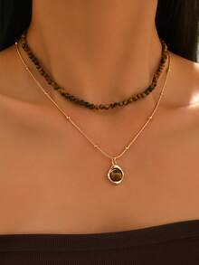 2pcs/Set Malachite & Tiger Eye Beaded Layered Necklace, Lightweight Vintage Metal Chain Choker Jewelry For Women, Suitable For Daily Wear And Party - Multicolor - View 1