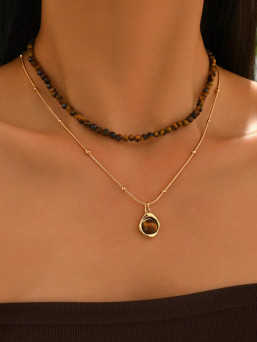 2pcs/Set Malachite & Tiger Eye Beaded Layered Necklace, Lightweight Vintage Metal Chain Choker Jewelry For Women, Suitable For Daily Wear And Party - Multicolor - View 1