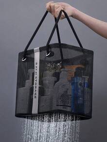 Bolsa organizadora de malla para ducha, cesta de almacenamiento plegable para el baño para artículos de tocador, champú, jabón y maquillaje, organizador de artículos de tocador portátil y resistente al agua para hombres y mujeres, para uso en el hogar, gimnasio, compras, actividades al aire libre y piscina - Negro - Ver 7