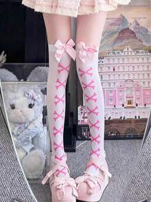 1pc Women's Solid Color Over-The-Knee Socks With Bow Decor, Y2K Lolita Style Socks, Non-Slip And Stay-Up, Cute Pantyhose Suitable For Lolita Tea Party - 1 Pair Of White-based Pink Shoes - View 4