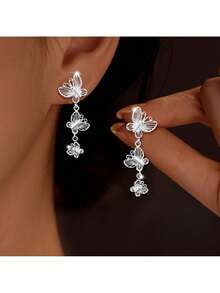Three Butterfly Earrings, Elegant, Exquisite, Cute And Unique Design Style, Suitable For Daily Wear In Various Occasions - [silver] - View 2