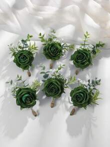 6 Stück/1 Stück Prinzessin Rose Blume mit weißer Schleierkraut und Künstlichen Grünpflanzen, romantische Ansteckblume für Bräutigam, Braut, Hochzeitsdekoration, Party, tägliches Tragen - Dunkelgrün - Übersicht 5