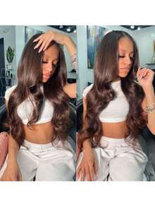 混合发丝由真人头发与合成纤维和蛋白质丝混合制成，合成蕾丝前假发，13*4蕾丝，180%密度，波浪卷假发，带婴儿发的波浪假发，适合女性日常派对佩戴，自然预拔毛无胶棕色蕾丝前假发（波波头，8-16英寸）。 - S4 - 查看 6