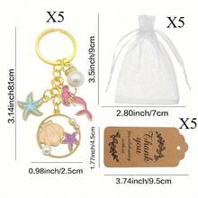 15 piezas/5 sets Llaveros con tema oceánico de estrellas de mar y sirena con perlas, incluye 5 llaveros, 5 tarjetas de agradecimiento y 5 bolsas de organza. Excelente para decorar mochilas, autos y suministros para fiestas DIY. - Multicolor - Ver 5