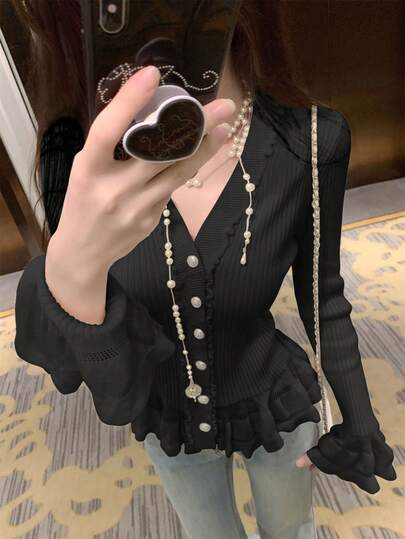 Women's Apricot Versatile Knitted Cardigan With Ruffle Hem, Long Sleeve Fitted V-Neck Sweater, Autumn/Winter