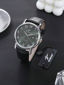 RICECGO 1pc Men's Quartz Watch, Round Dial With PU Leather Strap, Casual Date Display, Suitable For Daily Wear And Holiday Gifts