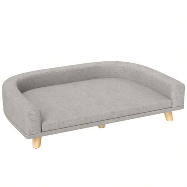 Sofa dla psa, sofa dla zwierząt, sofa dla kota z poduszką, legowisko dla dużych psów, podwyższona sofa dla psa, fotel dla psa z drewnianymi nogami, szary, 98 x 67 x 25 cm