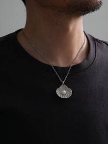 1件简约时尚沙滩度假百搭通勤海洋生物海星贝壳仿珍珠吊坠项链，男士，情人节 - 銀色 - 查看 2