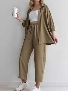 Set de 2 piezas para mujer: Top de manga larga con botones de unicolor y pantalones largos con cintura anudada, para primavera - Color marrón claro-1 - Ver 3