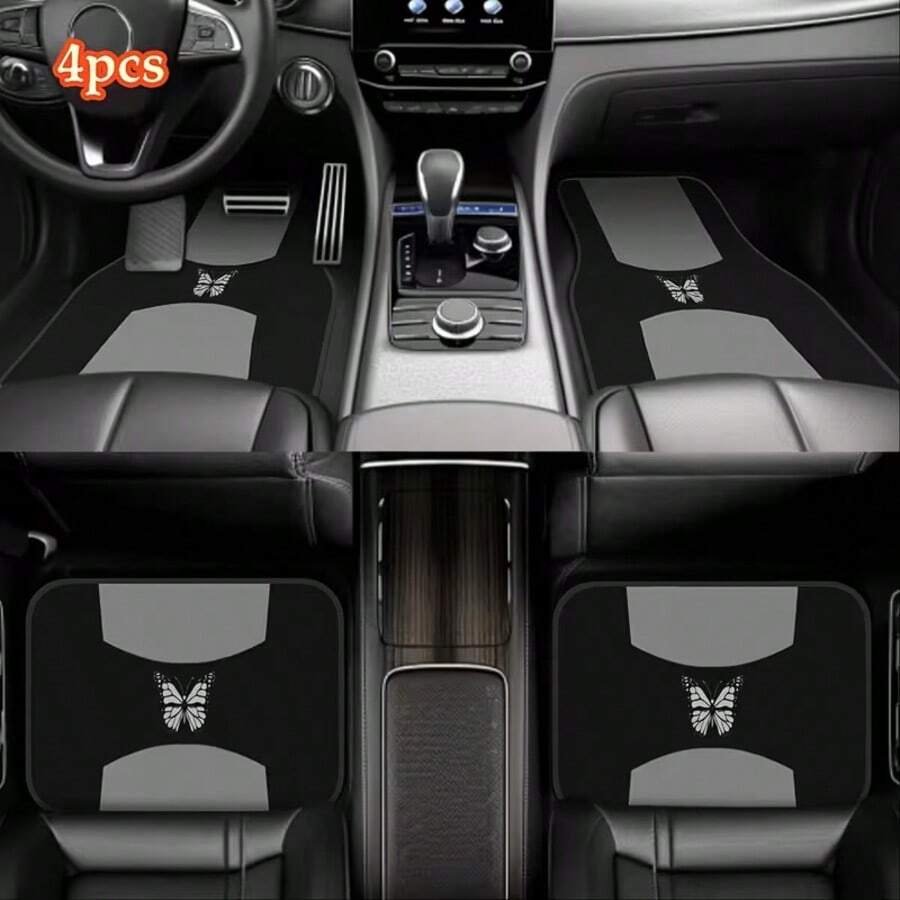 4 Stück graue & schwarze Schmetterlings-Muster Autofußmatten - passend für Limousine, Pickup und SUV - perfektes Geschenk für Männer und Frauen - Autofußmatten - Übersicht 1
