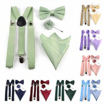 ZONFAZ Set de 4 piezas de tirantes ajustables de unicolor a la moda para hombres con corbata de moño, pañuelo de bolsillo y boutonnière del mismo material de satén súper suave, adecuado para bodas, celebraciones, fiestas, actuaciones y eventos del campus, Halloween para salir, fiesta de boda y como regalo, accesorios de otoño-invierno, disfraz de Halloween, adecuado para adolescentes, jóvenes, hombres, casual, al aire libre, atlético, vacaciones, regalos de graduación, cumpleaños, uso diario