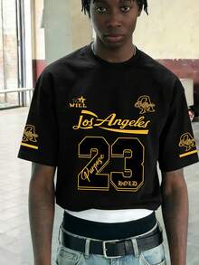 Men's Minimalist CA Los Angeles Print Round Neck Short Sleeve T-Shirt, Summer - Black - View 1