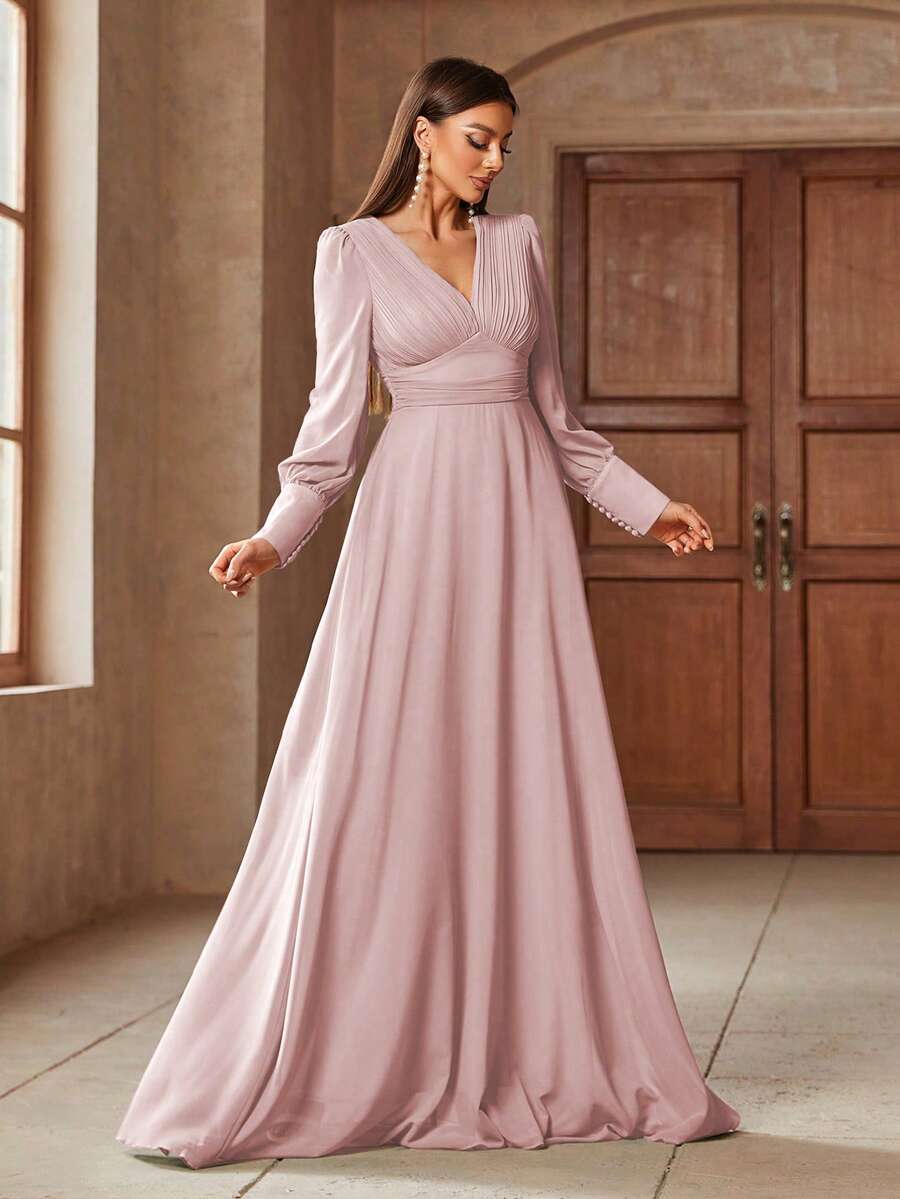 Women's Elegant Long Sleeve V-Neck Pleated Bust A-Line Flare Dress, Woven Fabric Spring - Baby Pink - View 1