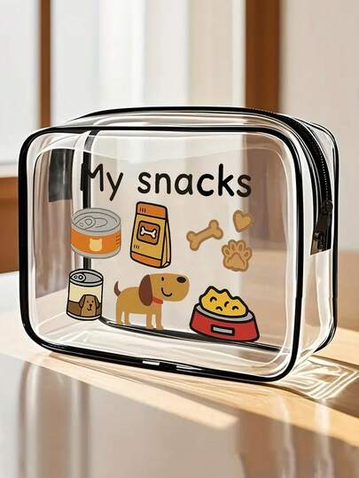 My Snacks' Letter Print Cute Dog Pattern PVC Makeup Bag, Zippered Sealed PVC Travel Organizer Pouch, Lightweight Fade-Resistant Cosmetic & Toiletry Bag For Women/Girls, TSA-Approved Portable Makeup Case, Easy-To-Wipe Clean Design, Suitable For Mothers, Teachers, Friends, Nurses, Women's Gift, School Holiday Travel Essential Toiletry Bag, Waterproof Makeup Bag Make Up Organizer Toiletry Travel Bag