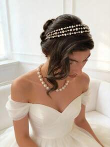 1 pièce Serre-tête élégant en perles et strass, accessoire de coiffure à la mode à plusieurs niveaux pour mariée, décoration de coiffure de mariage - Multicolore - Voir 3