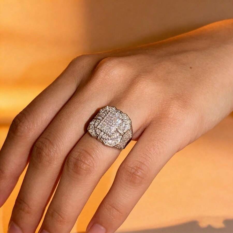 1pc S925 Sterling Silver Luxury Geometric Starry Design Ring With Shiny Zirconia Stone, Elegant Quality Jewelry For Women, High-Quality Wedding/Engagement Wear, Exquisite Gift For Loved One - Silver - View 1