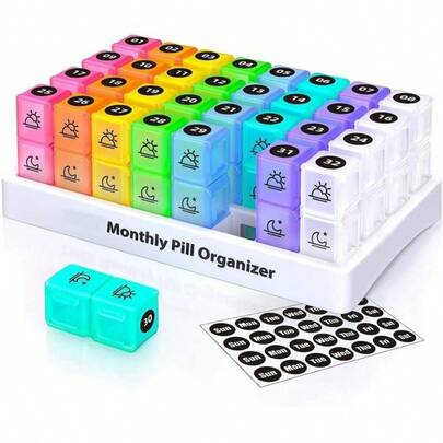 Monthly Pill Organizer Storage, 1 Set 2 Times A Day Pill Box, Pill Organizer With Stickers, AM PM Design, Holds Vitamins And Supplements, Medicine Organizer, Home Organization