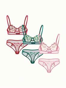 Bonmuse Conjunto de 3 peças de lingerie feminina sexy com 6 peças cada, nas cores: preto/vermelho, preto/azul e bordô. Confortável para uso diário, com sutiãs e calcinhas sensuais. Ótima opção para presentes de Natal e festas de Halloween. - Multicolorido - Ver 2