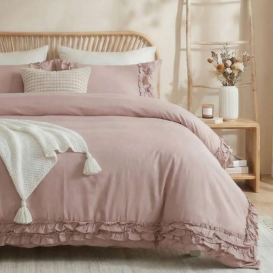 Pink Cotton Ruffled Comforter Set Queen, Vintage Shabby Chic Farmhouse Bedding Set Coquette Aesthetic French Country Comforter - Red Bean Paste Powder - View 1