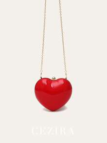 CEZIRA Acrylic Heart-Shaped Evening Bag, Metal Frame Clasp Wallet, Long Chain, Fashion & Cute, Crossbody Shoulder Handbag, Women's Party Gift - Red - View 10
