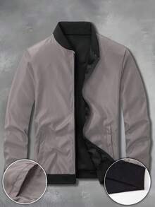 Áo khoác thể thao ngoài trời cổ đứng dáng suông, màu trơn, có khóa kéo, thích hợp mặc vào Ngày của Cha mùa xuân. - Xám - Xem 3