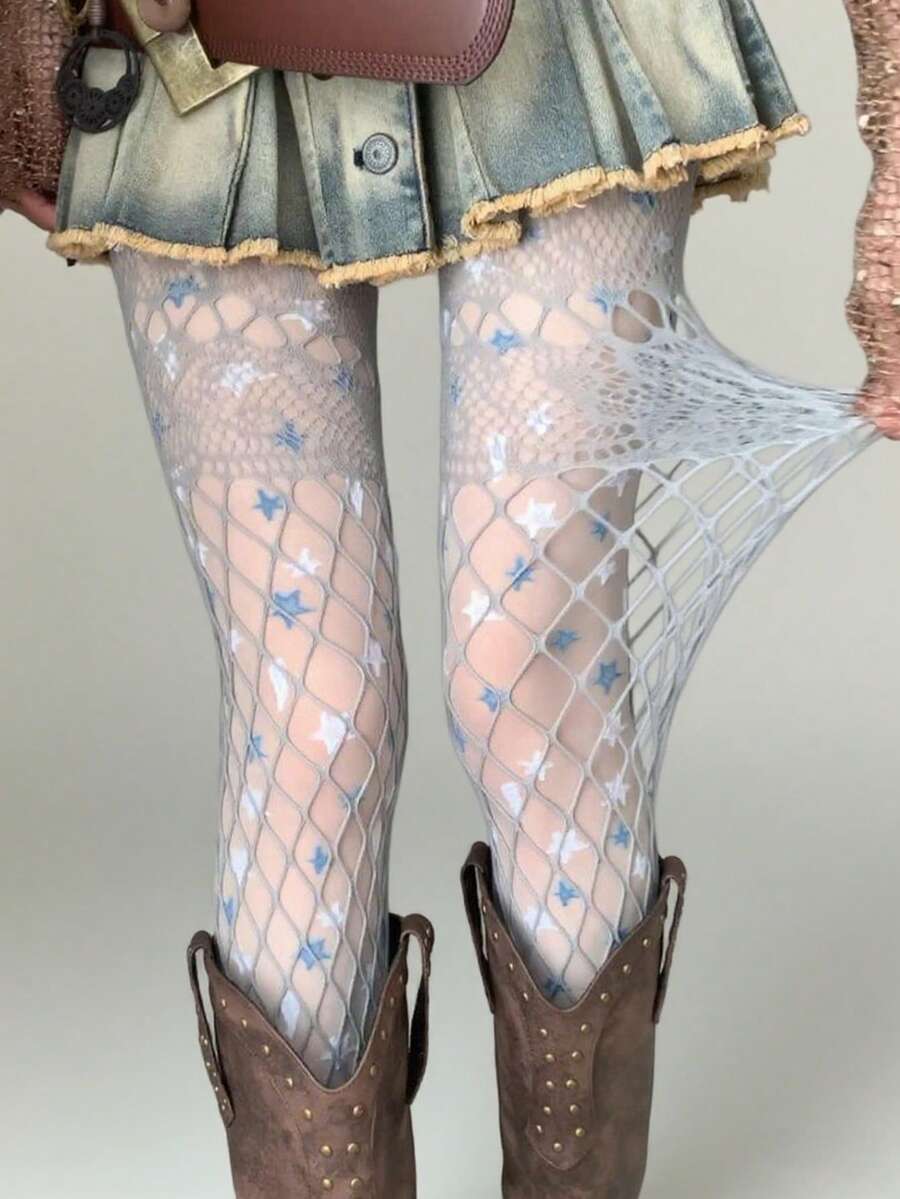 1双复古镂空高街哥特/Emo风渔网袜，性感Y2K坏女孩蕾丝拼接可爱打底裤，2件套分层/渔网灰色镂空+星星印花白色连裤袜，朋克摇滚风长袜，适合派对和庆典