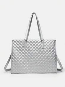 1个女士时尚大容量手提包，经典多色保温包，可装笔记本电脑，可作妈妈包、工作手提包、日常健身午餐包、野餐包、防水保温斜挎包，大号 - 銀色 - 查看 6