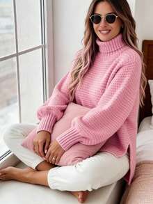 Women's 2026 Early Spring New Arrivals Chunky Rib Knit Oversized Sweater Mock Neck Side Slit Balloon Sleeve Relaxed Fit Athleisure Streetwear Fashion Soft Breathable Cozy Knit Fabric Multi Colors Pink/Beige/Lavender/Black/Coral Comfortable Casual Daily Wear  Popular Women's Pullover Sweaters - Hồng - Xem 3