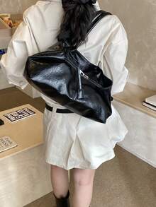 1个女士大容量手提包，PU皮革单肩包，休闲经典简约设计师商务风格包，时尚女士通勤包，黑色、白色、棕色、银色 - 黑色 - 查看 4