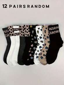 9 Pairs Women Leopard Print & Heart Pattern Mid-Calf Socks, Fashionable Minimalist Unique Retro Street Style Design, Suitable For Casual Outfits - Multicolor - View 40