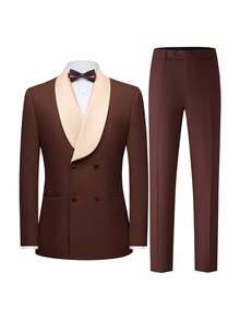 Men's Suit Shawl Lapel Double-Breasted Blazer & Pant Set - Formal 2-Piece Tuxedo With Wafer Knit Texture For Weddings & Black Tie Events - Cà phê nâu - Xem 8