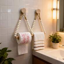 1/2pcs Rustic Paperless Tissue Paper Towel Holder - Natural Wood Bark Bathroom Shelf, Rope & Wooden Ball System, Farmhouse Style Bathroom Accessory (Compatible With Roll Paper), Tissue Box - Multicolor - View 3