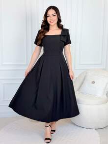 Women's Midi Dress With Bow On The Shoulder (Christian Style) - Black - View 4