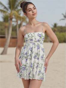 Women's Summer Mini Cami Dress Sleeveless Open Back Solid Color/Floral Spaghetti Strap Dress - Flower - View 1