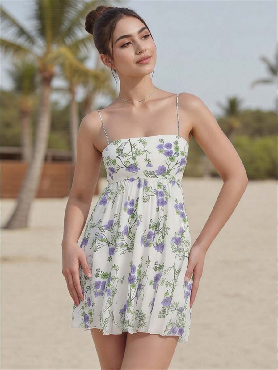 Women's Summer Mini Cami Dress Sleeveless Open Back Solid Color/Floral Spaghetti Strap Dress - Flower - View 1