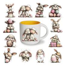 12pcs/Set Whimsical Bunny Easter Theme UV Transfer Stickers | Self-Adhesive Plastic Decals For Crafts, Mugs, Laptops & Water Bottles, Grey, High-Quality Prints, Durable, Single Use - Multicolor - View 7