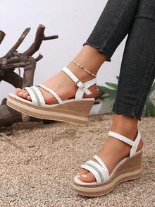 Sandal đế xuồng quai ngang kiểu Pháp mới mùa hè 2026, đế dày, hở mũi, phong cách Pháp, thích hợp cho kỳ nghỉ, đi biển, dành cho các bà mẹ. - trắng - Xem 4