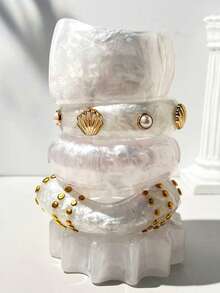 1件宽版不对称几何树脂手镯，饰有贝壳铆钉，可叠戴，时尚迷人，适合日常佩戴。 - 彩色 - 查看 1