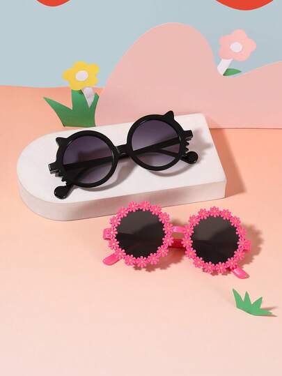 1set 2pcs Boys And Girls 3-8Y Polycarbonate Square Round Metal Frame Cartoon Style Cute Vintage Personalized Fashion Glasses, Suitable For Outdoor Travel Festival Party, With Glasses Box