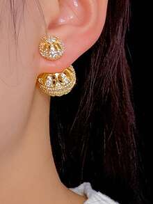 rundraw 2pcs 2026 New Stylish Geometric Hollow Ball Rhinestone Copper Gold Stud Earrings, Suitable For Women's Daily, Dating, Party, Ball, Matching Daily Outfits And Accessories, Best Gift For Friends, Lovers, New Year, Valentine's Day