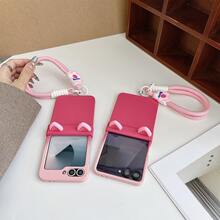 Cute Gradient Pink Cat Ears Phone Case With Pink FFlower Anti-Lost Strap Compatible With Samsung Galaxy ZFlip7 Z Flip6 ZFlip 5 Zflip6 Zflip5 Shockproof Back Cover - Màu hồng chuyển sắc - Xem 9