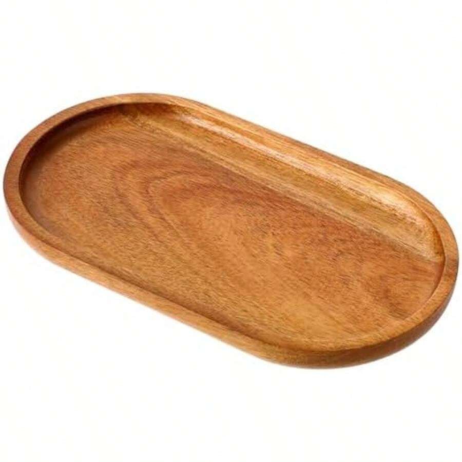 Small Acacia Wooden Serving Tray, Oval Natural Wood Serving Board Charcuterie Plate Bathroom Counter Tray For Party Dinner Wedding Food Fruit Snacks Appetizers, 7.48''*4.13Inch - / - 查看 1