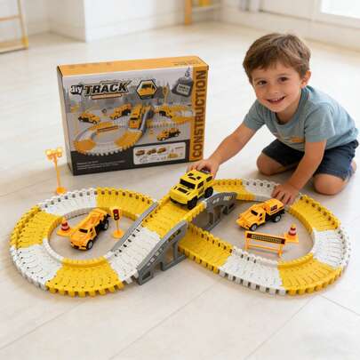 140pcs Building Race Track Car Toys, STEM Flexible Car Track Set, DIY Track Set, Engineering Vehicles And Race Track Toy Set, Inertial Racing Cars, Engineering Road Building Gift Toys For 3-4-5-6 Year Old Boys Girls, Suitable For Children Christmas Halloween Easter Birthday Montessori Toys (1.5V AA Battery Required, Not Included)