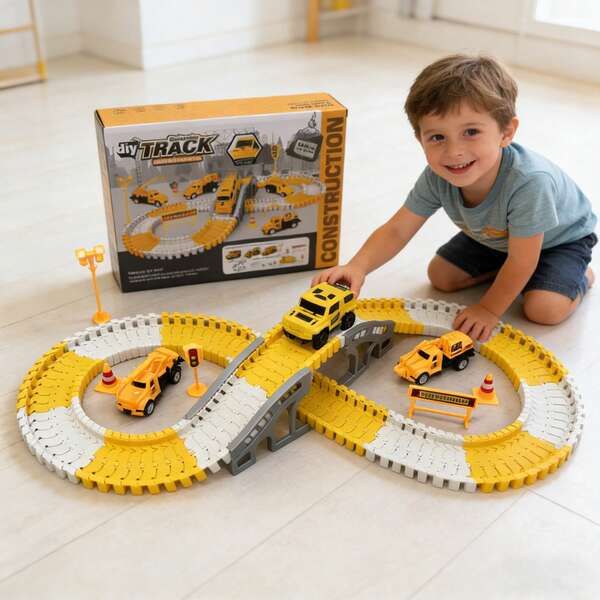 140 pièces Jouets de voiture de circuit de course, Set de circuit de voiture flexible STEM, Set de circuit DIY, Véhicules d'ingénierie et Set de jouets de circuit de course, Voitures de course à inertie, Jouets de construction de route cadeau d'ingénierie pour garçons et filles de 3-4-5-6 ans, Convient pour les enfants Noël Halloween Pâques Anniversaire Jouets Montessori (Pile AA 1,5V requise, non incluse)