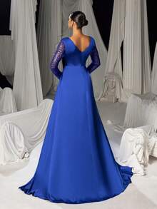 女士优雅深V领晚礼服，饰有亮片，长袖高开衩，正式修身款式，完美适用于红毯活动、派对和婚礼。 - 寶藍色 - 查看 6