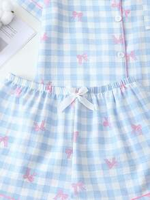 两件套蓝白格子蝴蝶结印花睡衣套装，甜美可爱翻领纽扣上衣和蝴蝶结短裤，女士睡衣家居服 - 藍色 - 查看 6
