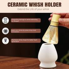 MYVIT 9件套抹茶茶具，包括日式陶瓷抹茶碗、抹茶筅、竹制抹茶筅架、勺子、茶叶罐、竹制托盘，手工抹茶仪式套装，礼盒包装，适合送礼、节日，可重复使用，日常必备 - 白色 - 查看 5