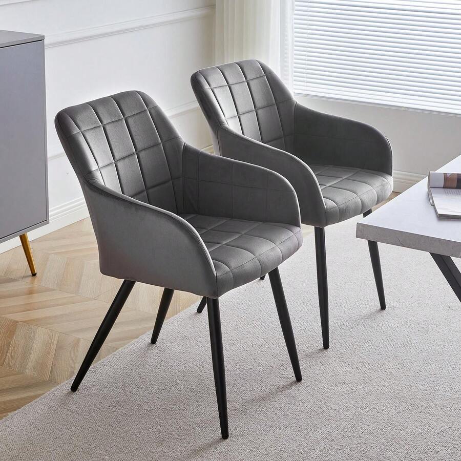 CLIPOP Dining Chairs, Set Of 2, Kitchen Chair With Velvet Cover, Living Room Chair, Upholstered Chair With Armrests And Metal Legs, Upholstered Armchair, Chair For Dining Room, Living Room, Kitchen - 灰色 - 查看 1