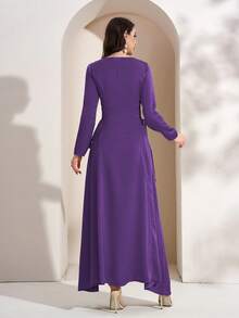 女士V领系带优雅长袖阿拉伯风格连衣裙（前片串珠缎带，随机款式，可能达不到顶部）春季 - 紫色 - 查看 3