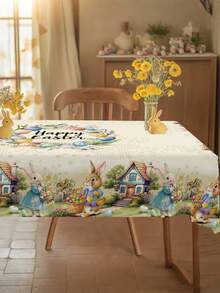 1 Stück Frühlings-Ostertischdecke, Landhausstil Hase & Eier Muster, rechteckige/runde Tischdecke mit Blumenkranz, ideal für Küchen-Esszimmer Tischdekor, Innen- und Außenbereich Picknicks, Feiertagspartys, Oster-Dekorationen für Zuhause, festliche Frühlings-Sommer-Partyzubehör - Verschiedenfarbig - Übersicht 6